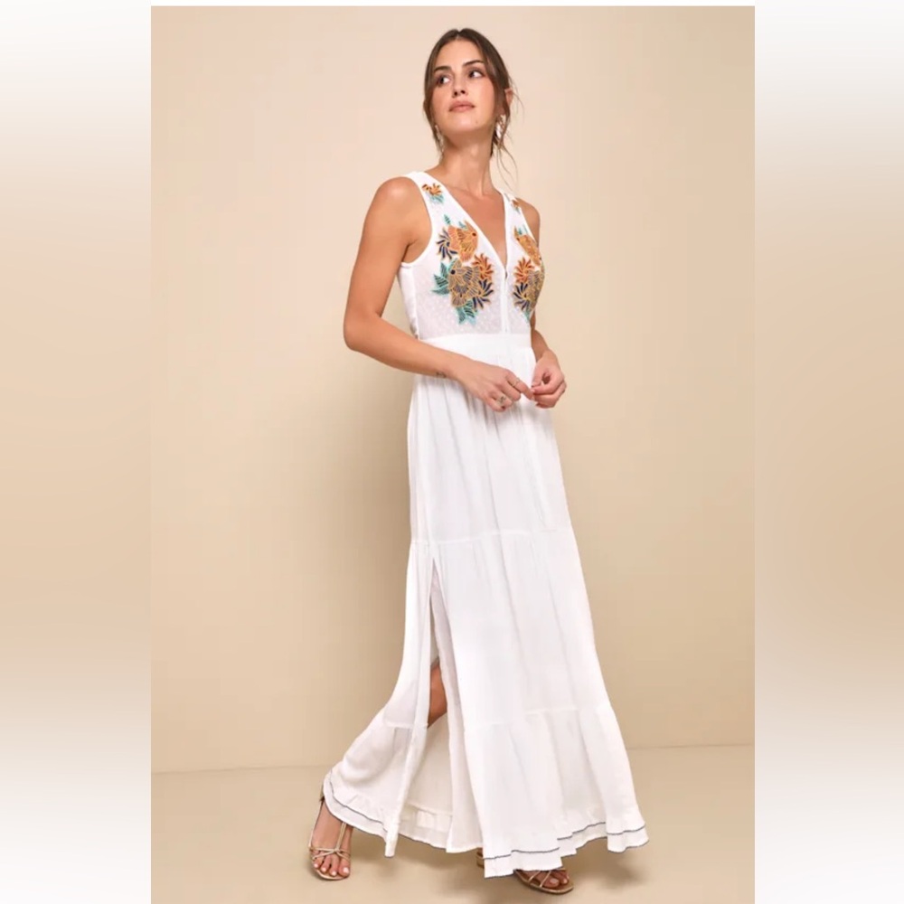 Lulus Tickets To Paradise White Embroidered Maxi Dress Bohemian Beach Size XS - Picture 5 of 8